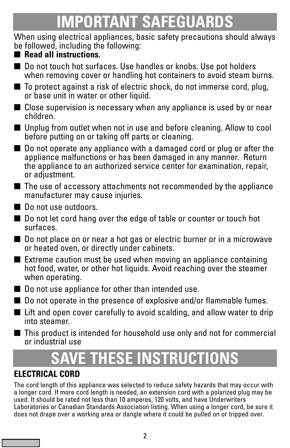 Safegaurds, Food/rice cooker, Important safeguards save these instructions | Black & Decker HS1776 User Manual | Page 2 / 32