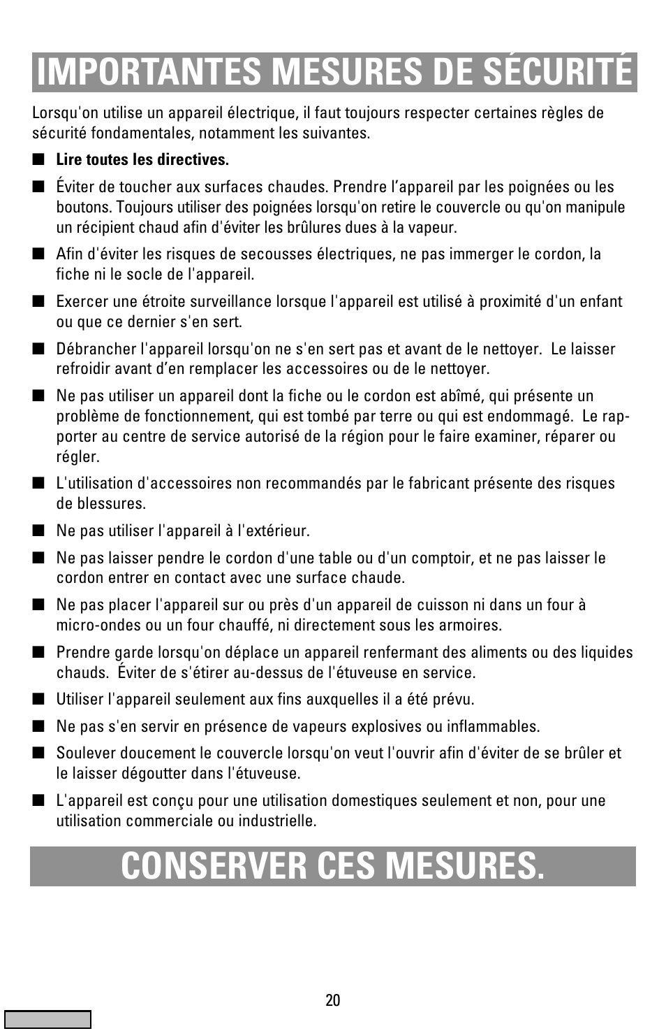 Mesures de secruite, Étuveuse, Importantes mesures de sécurité | Conserver ces mesures | Black & Decker HS1776 User Manual | Page 20 / 32