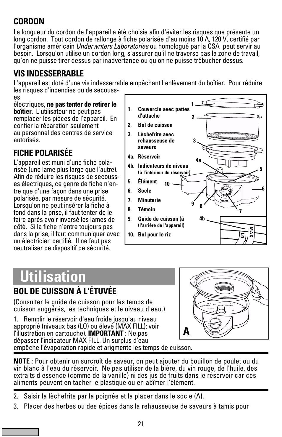 Utilisation, Cordon, Vis indesserrable | Fiche polarisée, Bol de cuisson à l'étuvée | Black & Decker HS1776 User Manual | Page 21 / 32