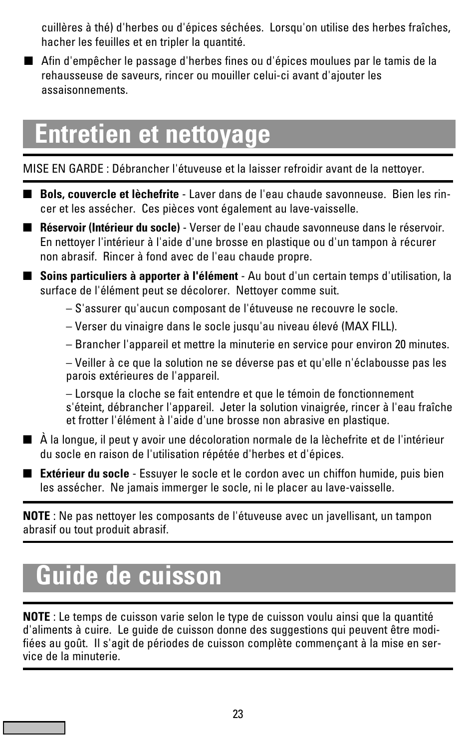 Etretien et nettoyage, Guide de cuisson, Entretien et nettoyage | Black & Decker HS1776 User Manual | Page 23 / 32