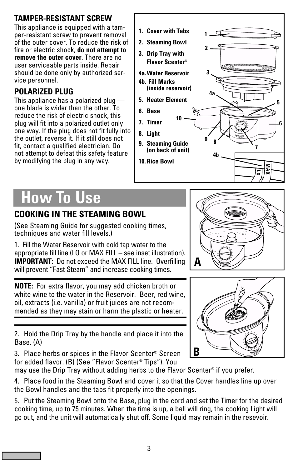 How to use, Cooking in the steaming bowl, Tamper-resistant screw | Polarized plug | Black & Decker HS1776 User Manual | Page 3 / 32