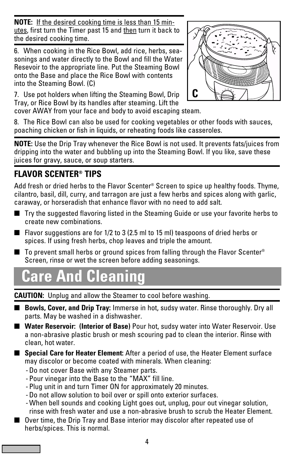 Care & cleaning, Care and cleaning, Flavor scenter | Tips | Black & Decker HS1776 User Manual | Page 4 / 32