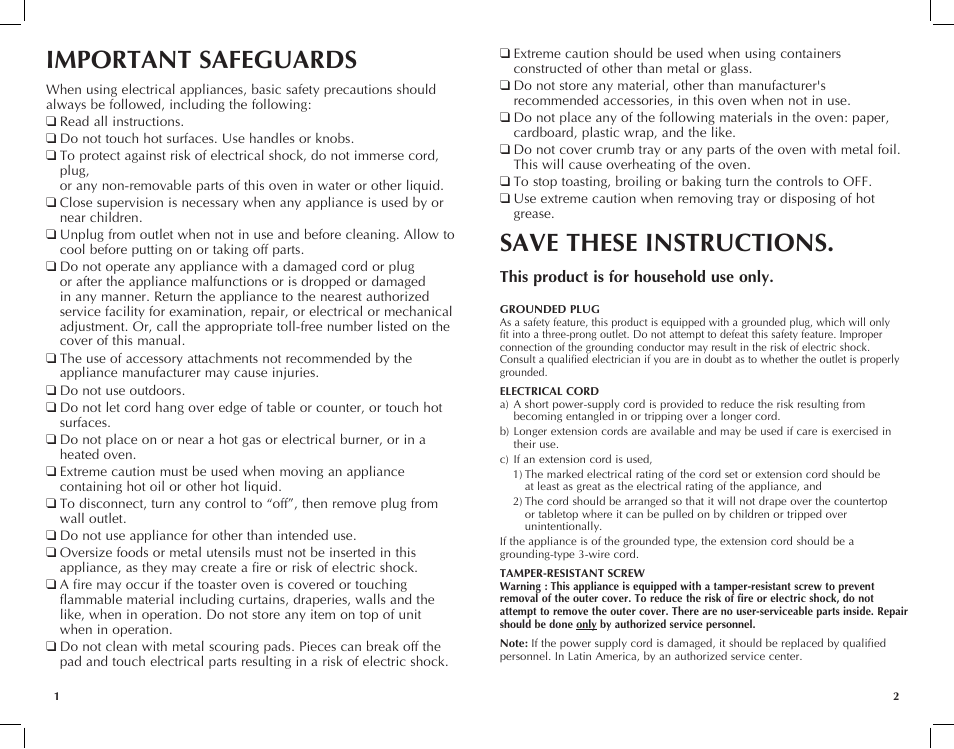 Important safeguards, Save these instructions | Black & Decker TRO420 User Manual | Page 2 / 15