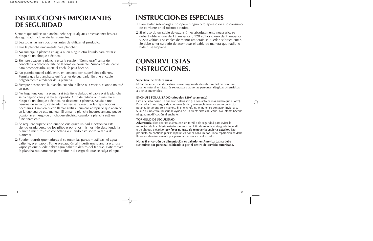 Instrucciones importantes de seguridad, Instrucciones especiales, Conserve estas instrucciones | Black & Decker AS600 User Manual | Page 2 / 9