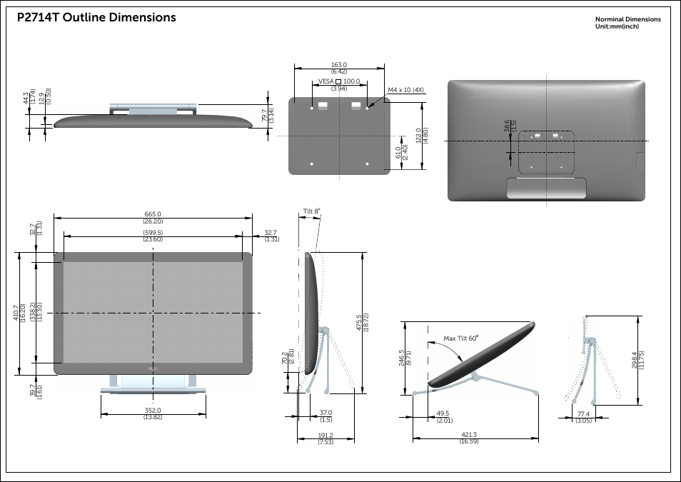 P2714t outline dimensions | Dell P2314T Multi Touch Monitor with LED User Manual | Page 2 / 2