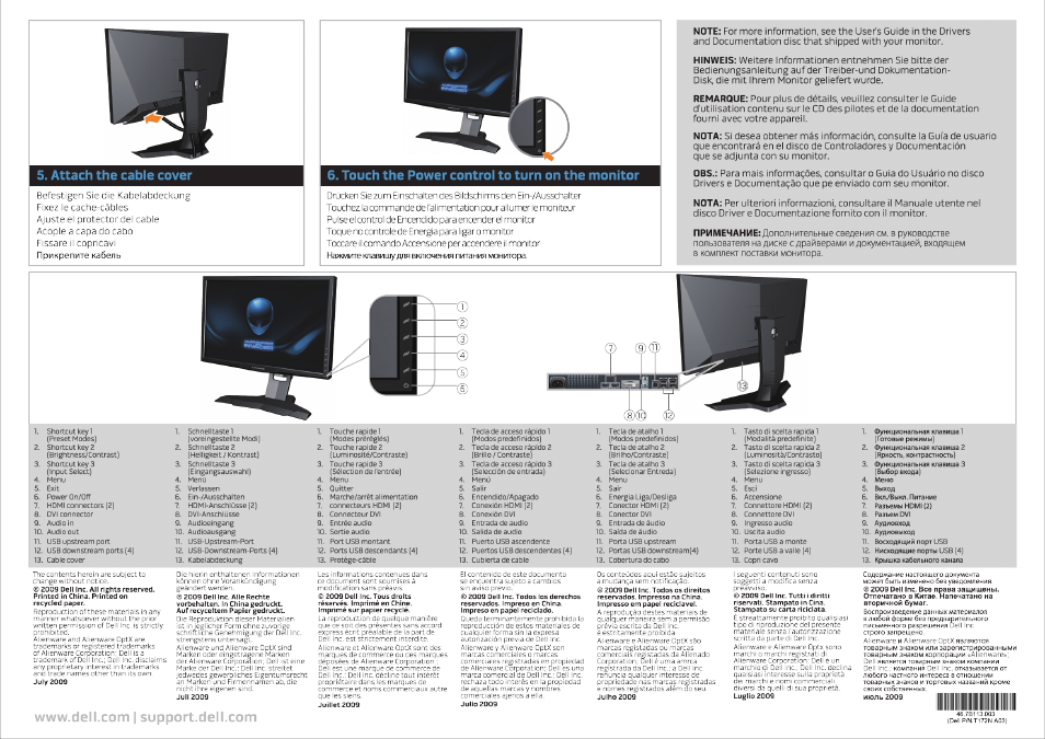 Touch the power control to turn on the monitor, Www.dell.com | support.dell.com, Attach the cable cover | Dell AW2210 Monitor User Manual | Page 2 / 2