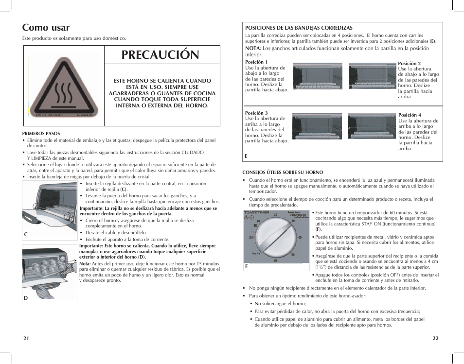 Precaución, Como usar | Black & Decker Toast-R-Oven TRO4200B User Manual | Page 12 / 33