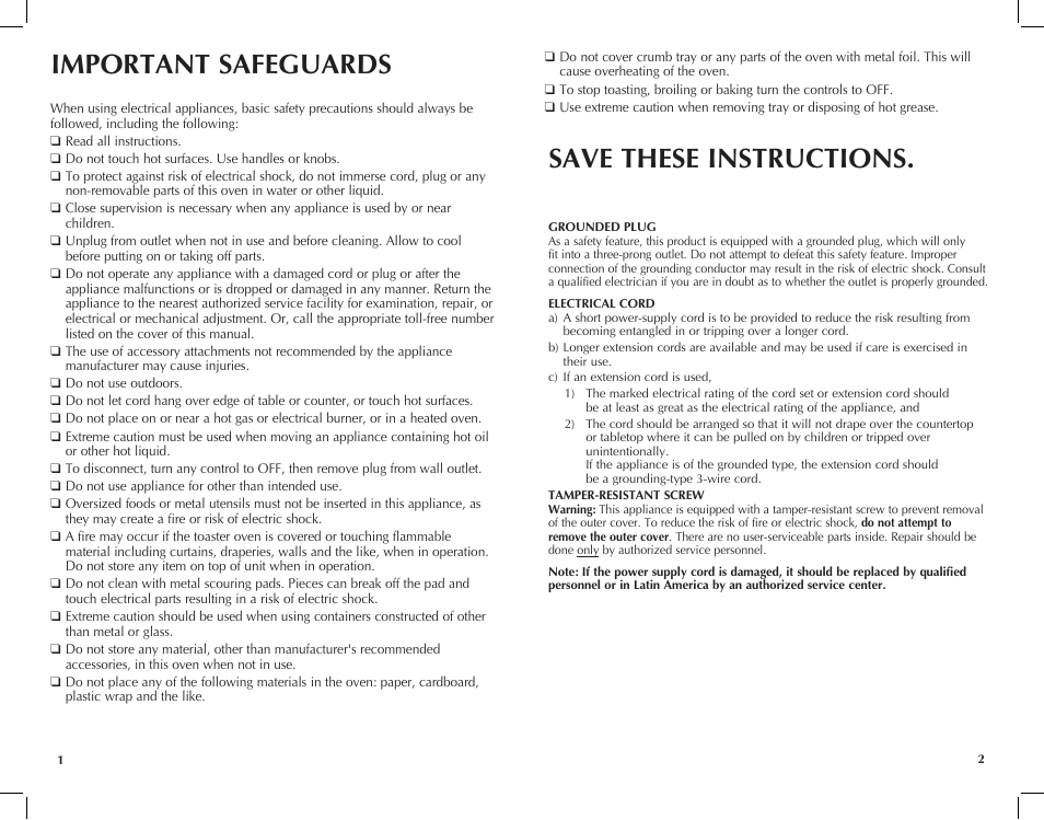 Important safeguards save these instructions | Black & Decker Toast-R-Oven TRO4200B User Manual | Page 2 / 33