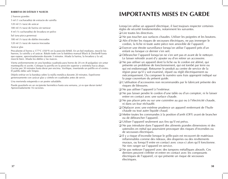 Importantes mises en garde | Black & Decker Toast-R-Oven TRO4200B User Manual | Page 20 / 33