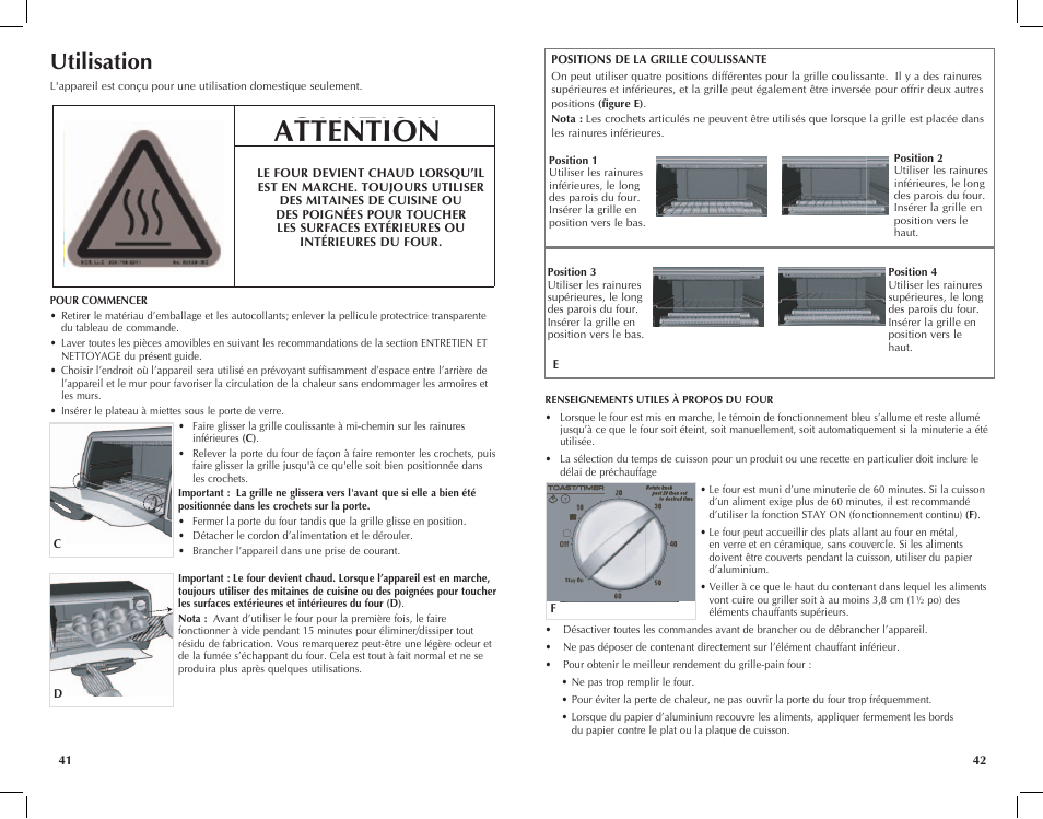 Attention, Utilisation | Black & Decker Toast-R-Oven TRO4200B User Manual | Page 22 / 33