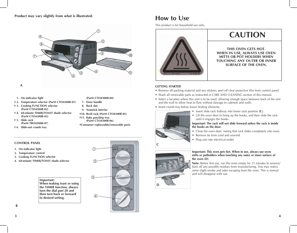 Caution, How to use | Black & Decker Toast-R-Oven TRO4200B User Manual | Page 3 / 33