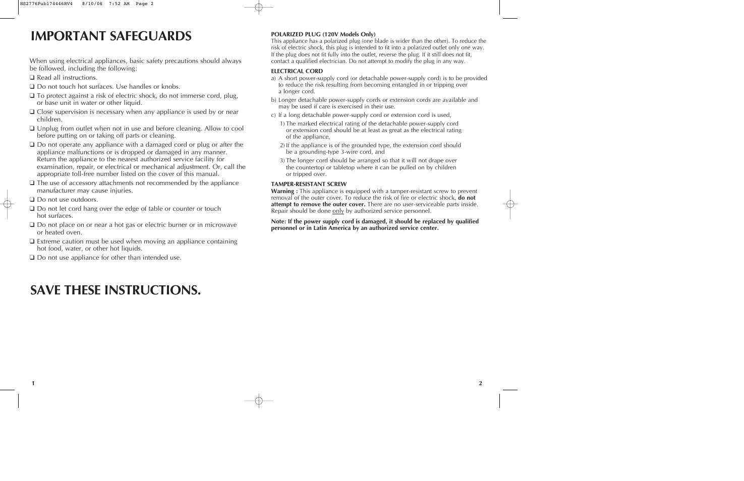 Important safeguards, Save these instructions | Black & Decker HS2776 User Manual | Page 2 / 13