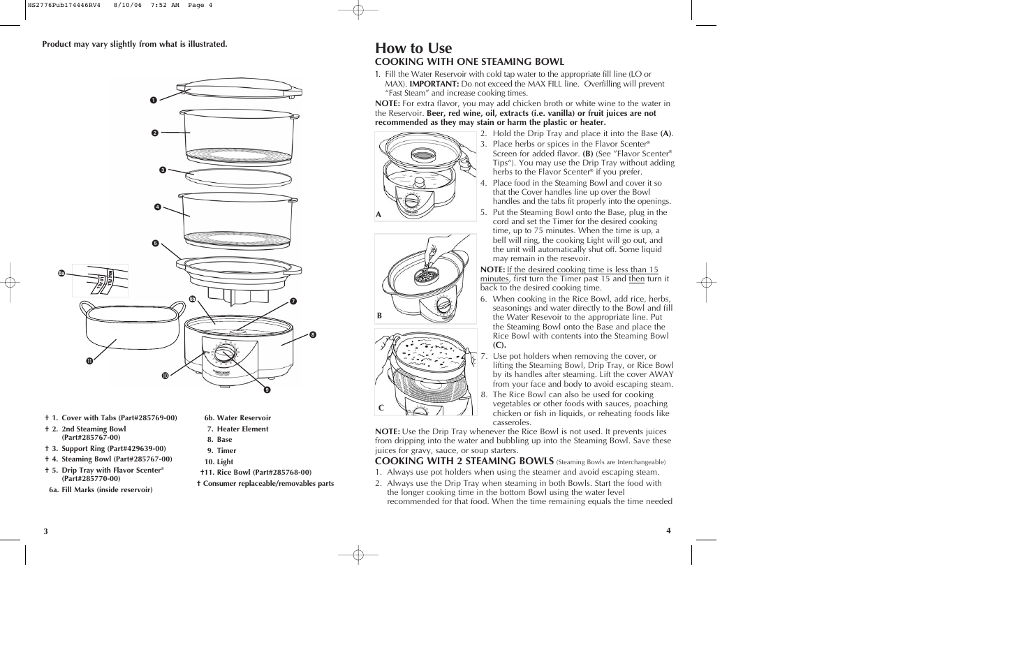 How to use, Cooking with one steaming bowl, Cooking with 2 steaming bowls | Black & Decker HS2776 User Manual | Page 3 / 13