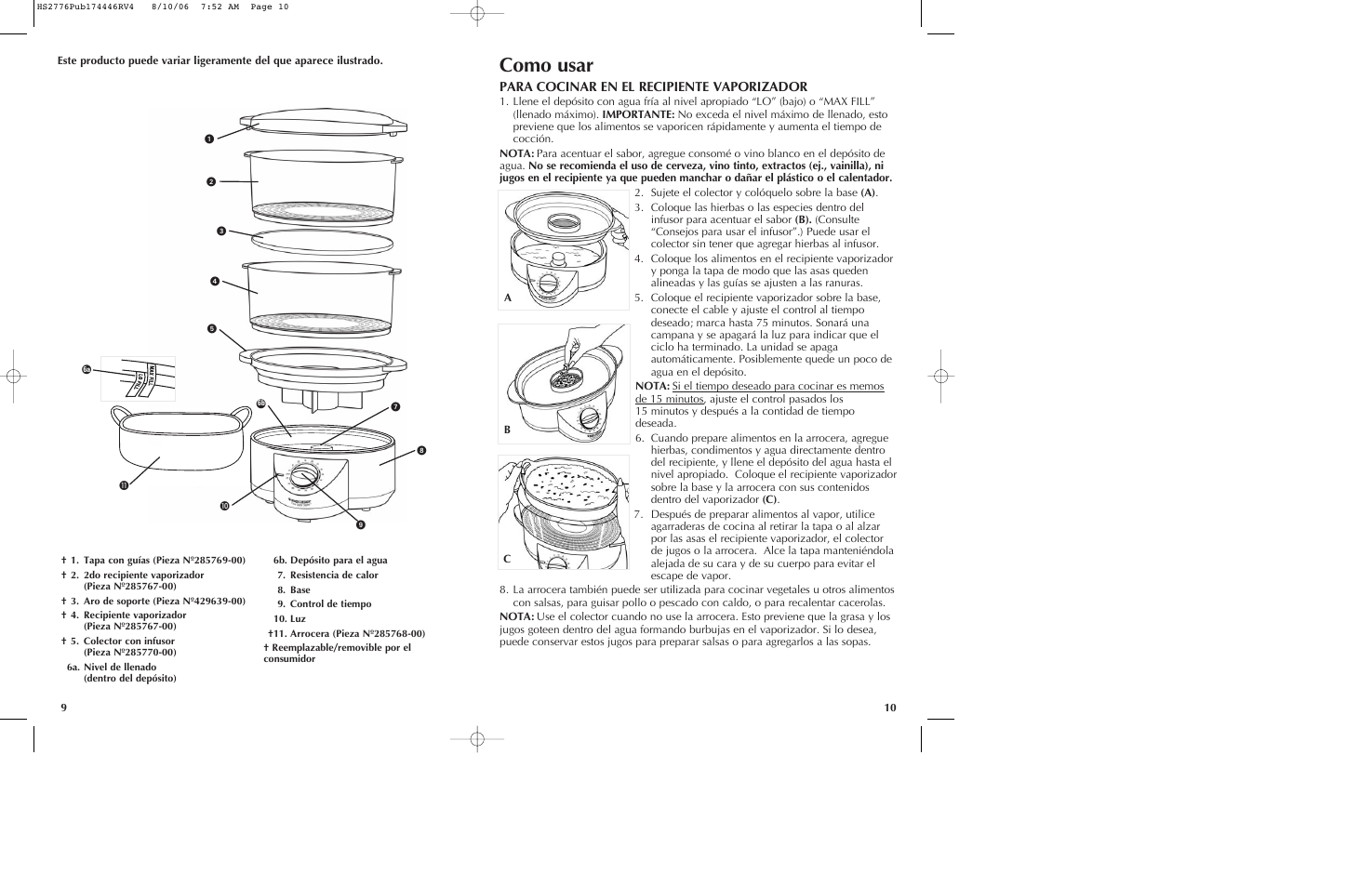 Como usar, Para cocinar en el recipiente vaporizador | Black & Decker HS2776 User Manual | Page 6 / 13