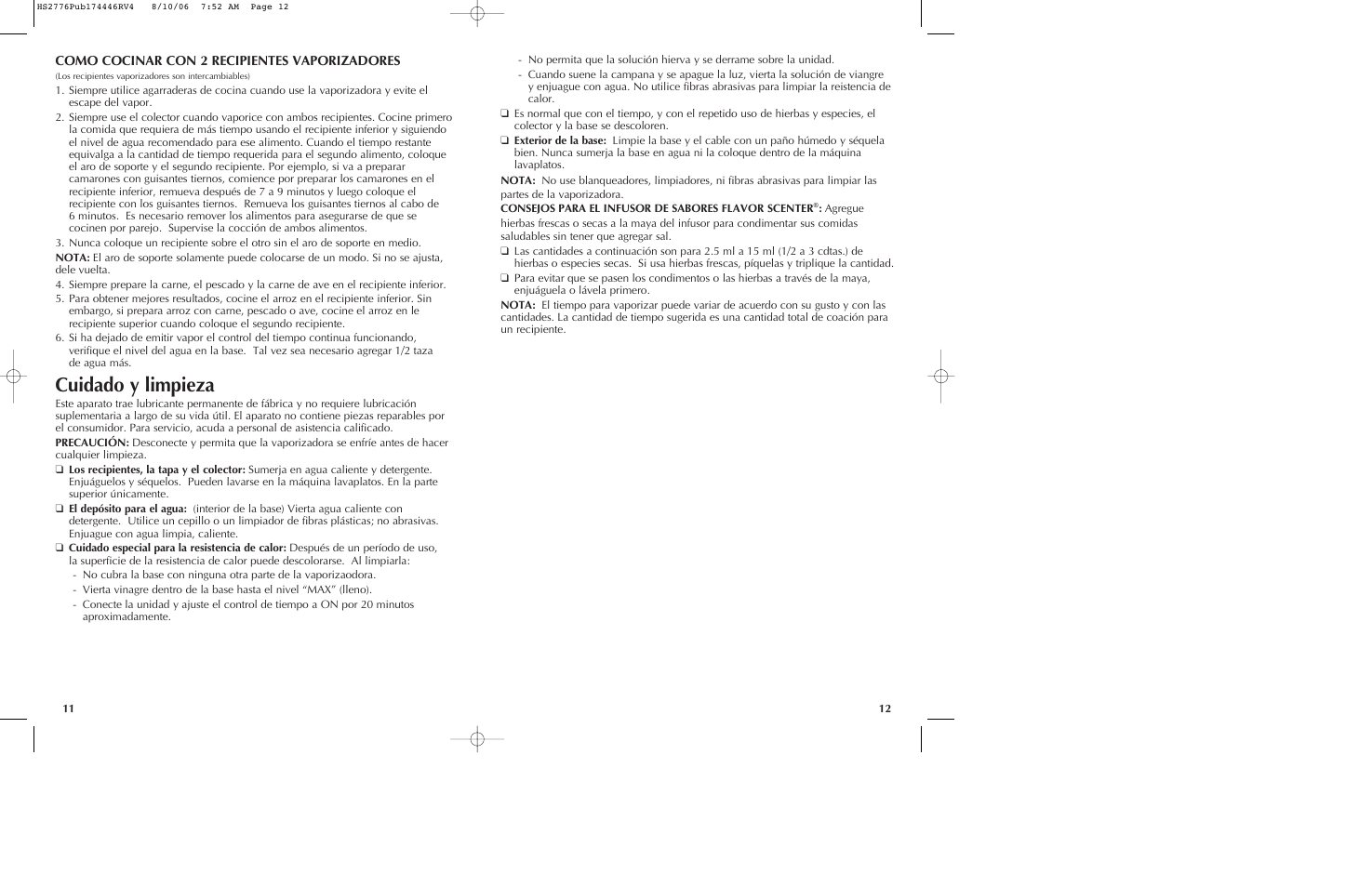 Cuidado y limpieza | Black & Decker HS2776 User Manual | Page 7 / 13