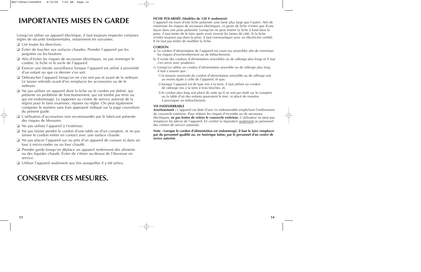 Importantes mises en garde, Conserver ces mesures | Black & Decker HS2776 User Manual | Page 8 / 13