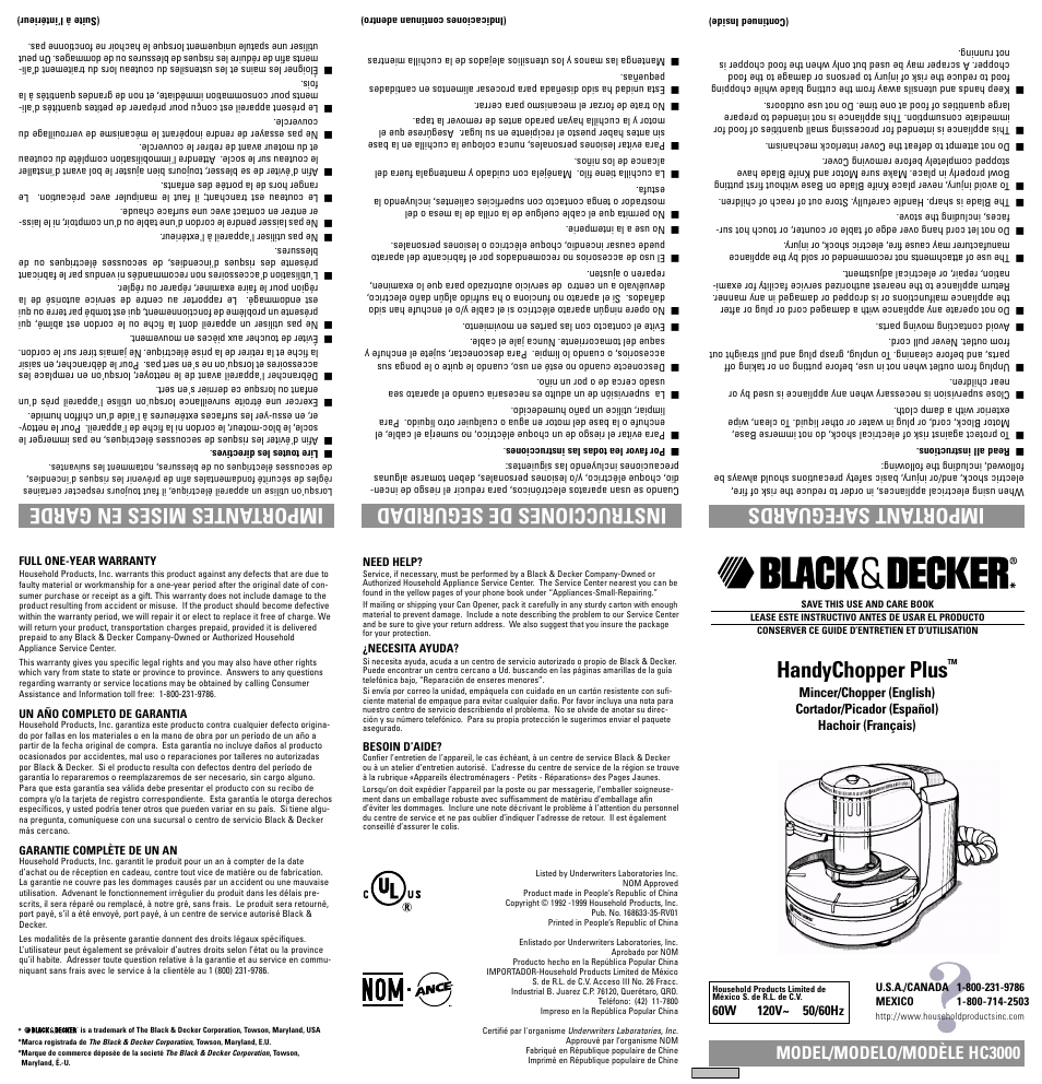 Warranty, Garantia, Garantie | Handychopper plus, Important safeguards instrucciones de seguridad, Importantes mises en garde, Model/modelo/modèle hc3000 | Black & Decker HC3000 User Manual | Page 11 / 12