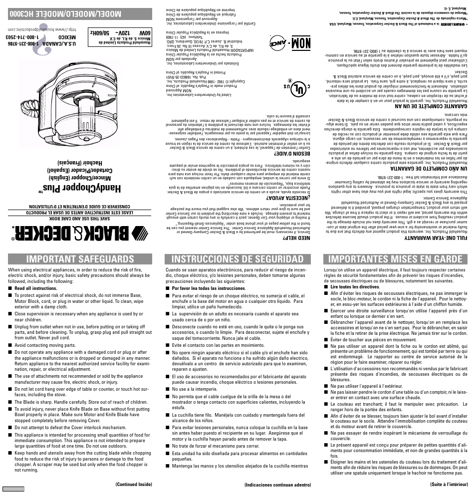 Safegaurds, Handychopper plus, Important safeguards instrucciones de seguridad | Importantes mises en garde, Model/modelo/modèle hc3000 | Black & Decker HC3000 User Manual | Page 2 / 12