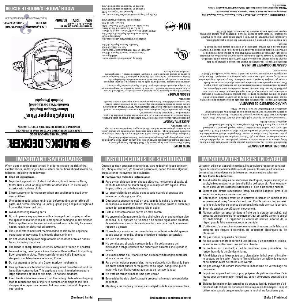 Instrucciones, Handychopper plus, Important safeguards instrucciones de seguridad | Importantes mises en garde, Model/modelo/modèle hc3000 | Black & Decker HC3000 User Manual | Page 5 / 12