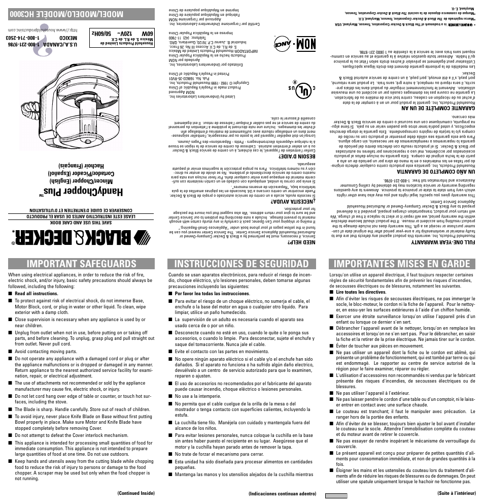Mises en garde, Handychopper plus, Important safeguards instrucciones de seguridad | Importantes mises en garde, Model/modelo/modèle hc3000 | Black & Decker HC3000 User Manual | Page 8 / 12