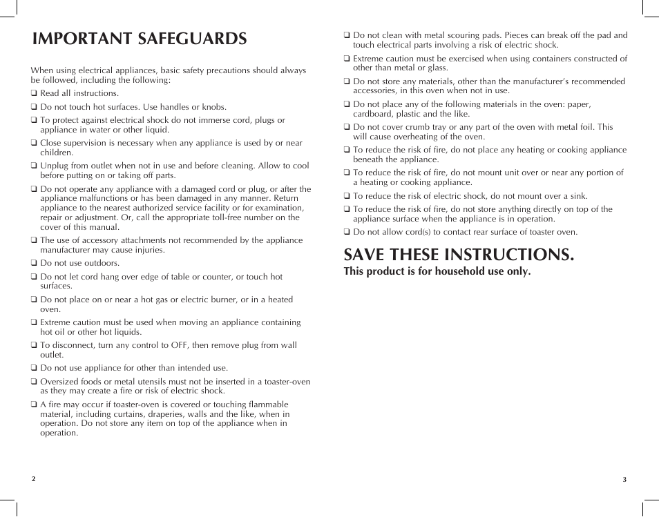 Important safeguards, Save these instructions, This product is for household use only | Black & Decker TROS1000Q User Manual | Page 2 / 27
