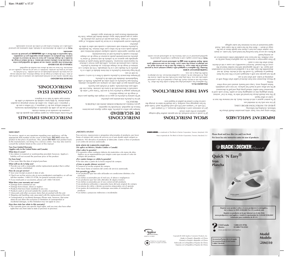 Black & Decker Quick 'N Easy IM310 User Manual | 2 pages