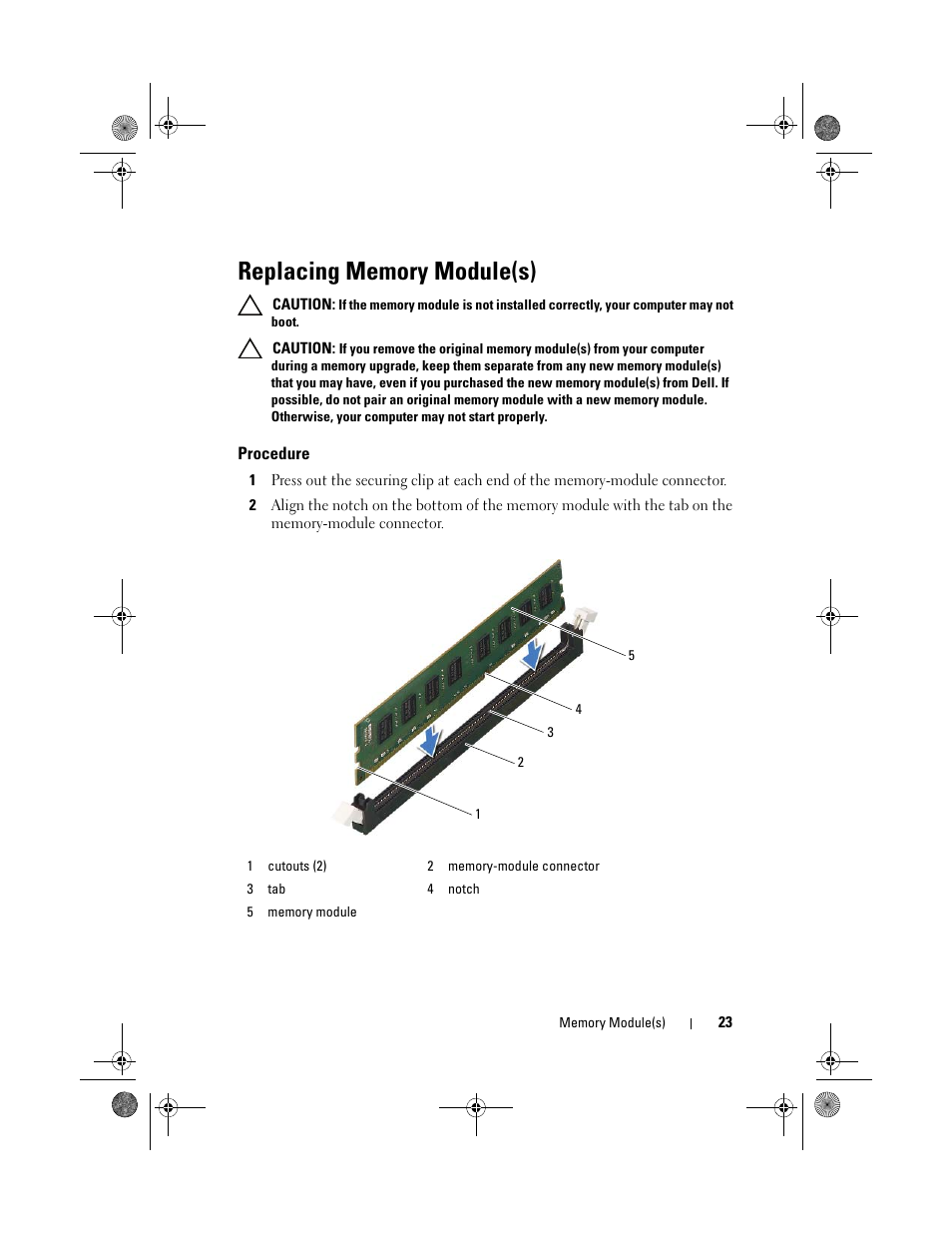 Replacing memory module(s) | Dell Inspiron 660s (Early 2012) User Manual | Page 23 / 94