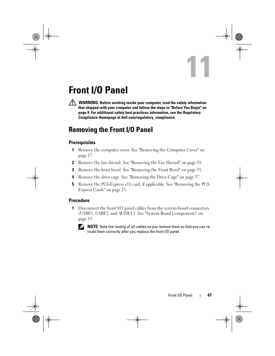 Front i/o panel, Removing the front i/o panel | Dell Inspiron 660s (Early 2012) User Manual | Page 51 / 94