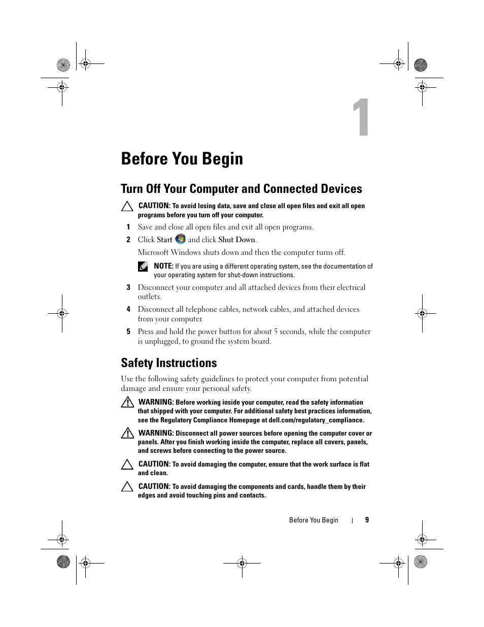 Before you begin, Turn off your computer and connected devices, 2 click start and click shut down | Safety instructions | Dell Inspiron 660s (Early 2012) User Manual | Page 9 / 94