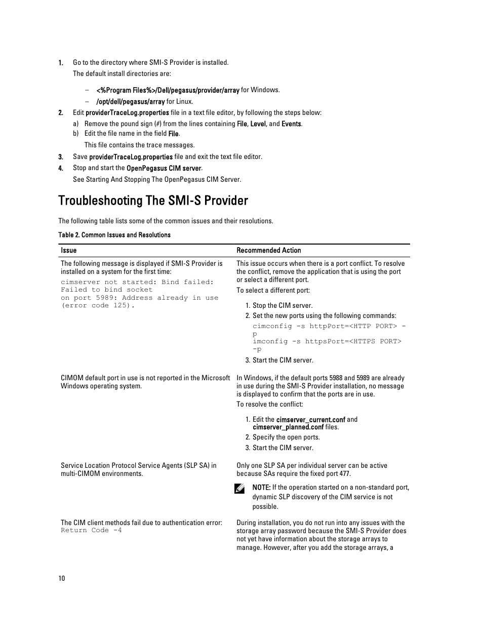 Troubleshooting the smi-s provider | Dell PowerVault MD3260 User Manual | Page 10 / 11