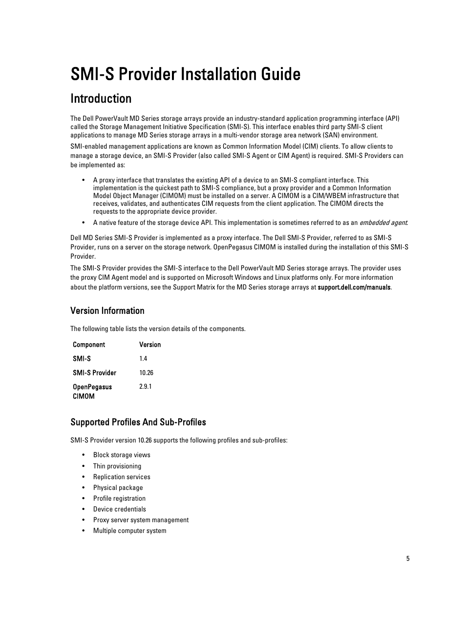 Smi-s provider installation guide, Introduction, Version information | Supported profiles and sub-profiles, 1 smi-s provider installation guide | Dell PowerVault MD3260 User Manual | Page 5 / 11