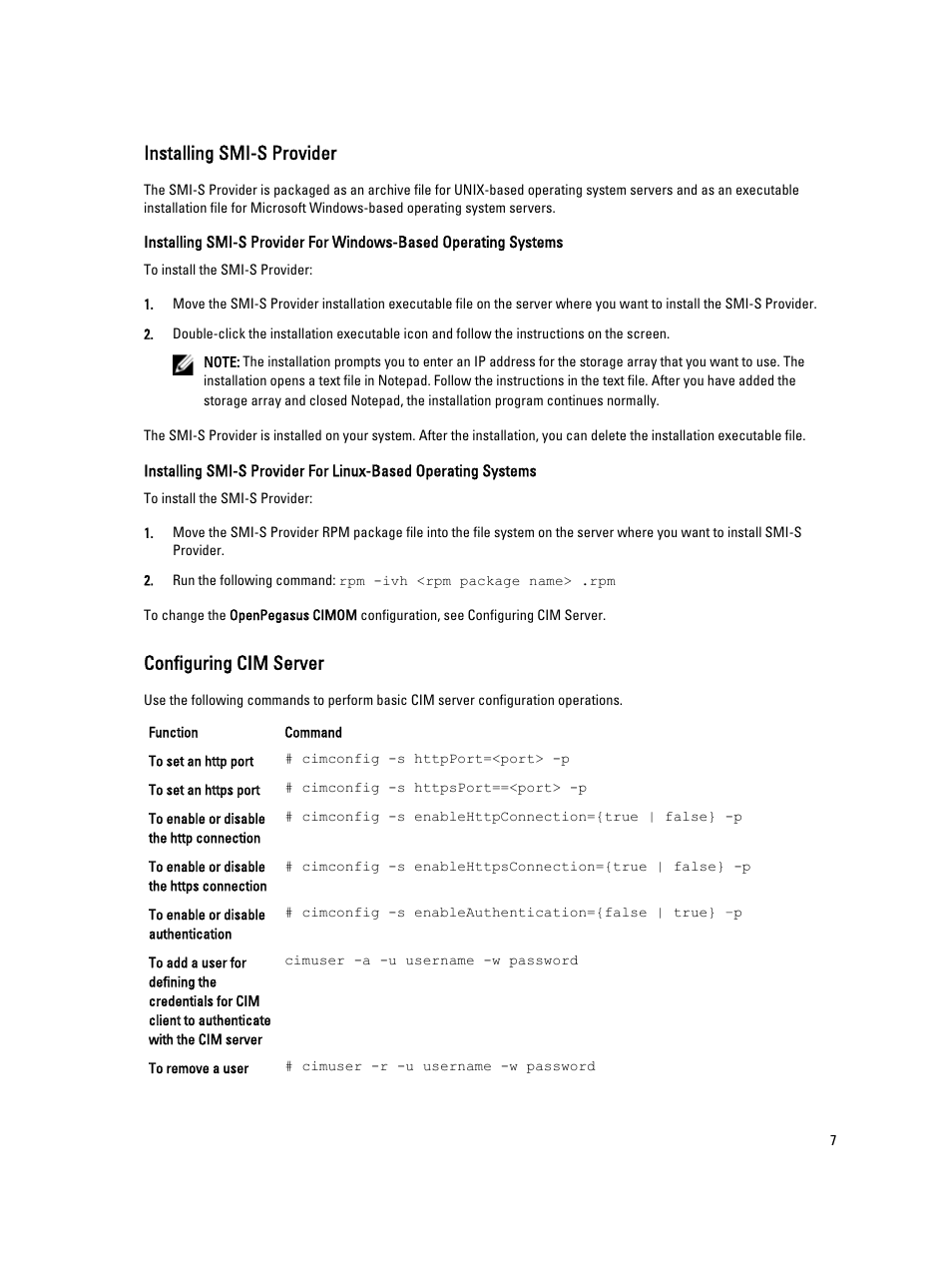 Installing smi-s provider, Configuring cim server | Dell PowerVault MD3260 User Manual | Page 7 / 11
