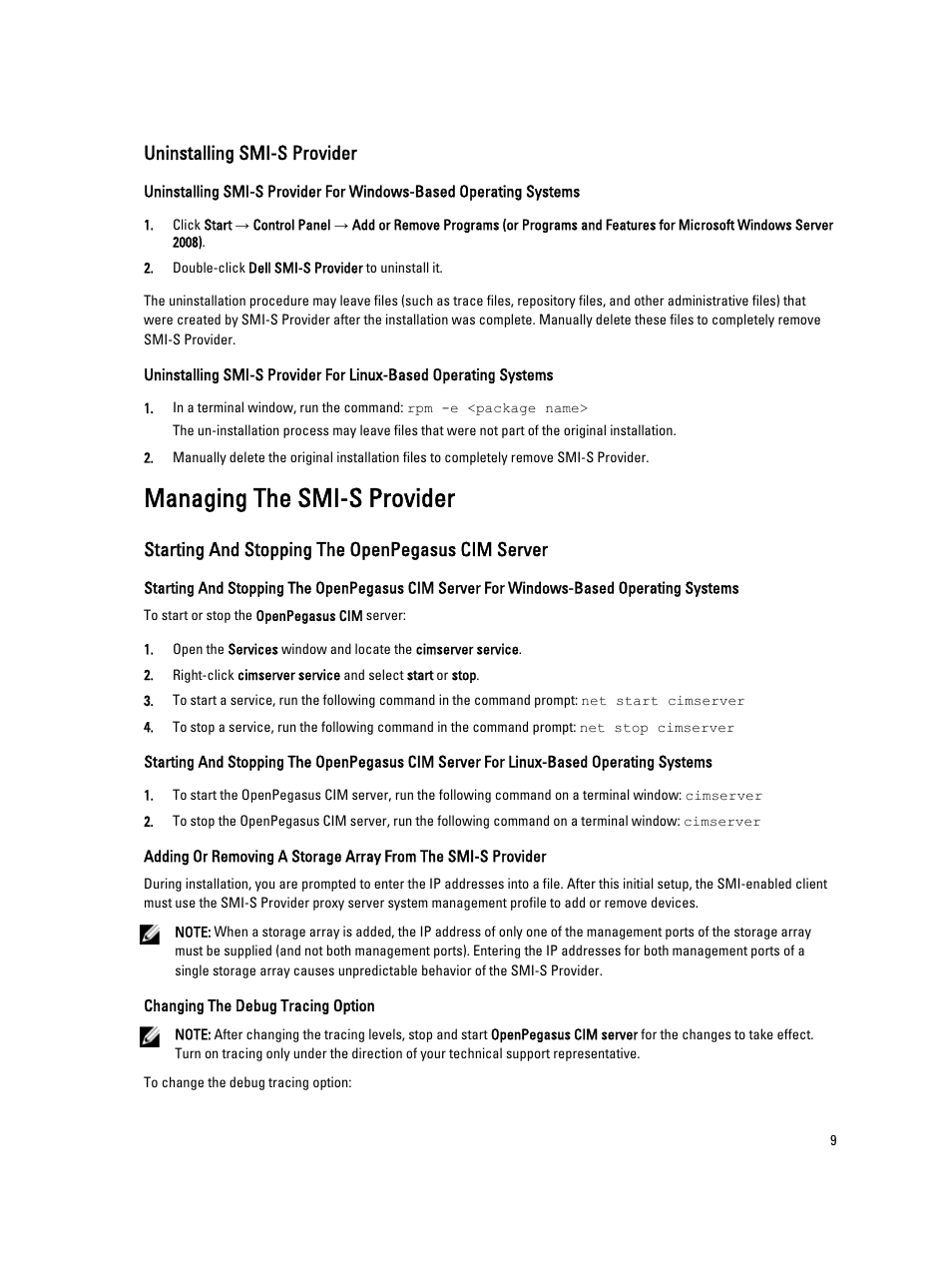 Uninstalling smi-s provider, Managing the smi-s provider, Starting and stopping the openpegasus cim server | Dell PowerVault MD3260 User Manual | Page 9 / 11