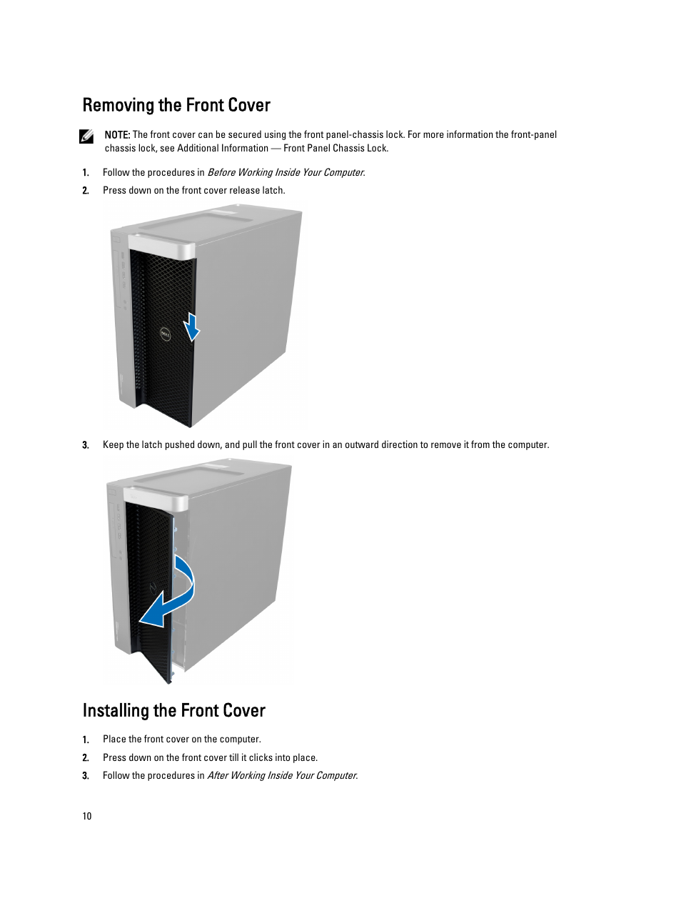 Removing the front cover, Installing the front cover | Dell Precision T7600 (Mid 2012) User Manual | Page 10 / 73