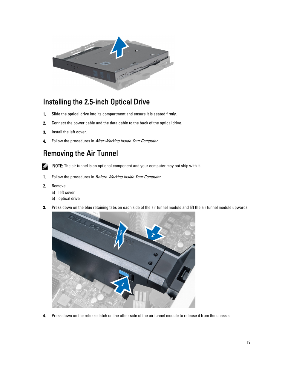 Installing the 2.5-inch optical drive, Removing the air tunnel | Dell Precision T7600 (Mid 2012) User Manual | Page 19 / 73