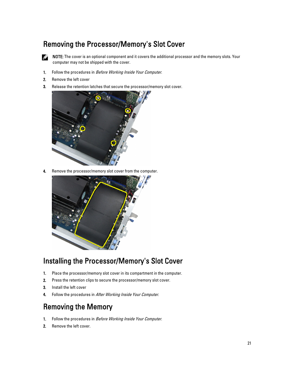 Removing the processor/memory's slot cover, Installing the processor/memory's slot cover, Removing the memory | Dell Precision T7600 (Mid 2012) User Manual | Page 21 / 73