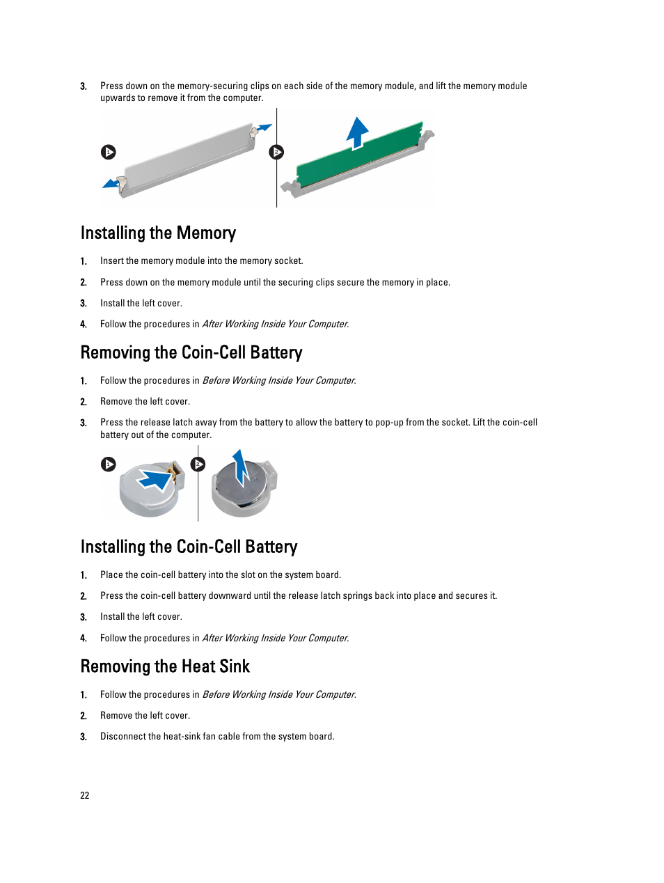 Installing the memory, Removing the coin-cell battery, Installing the coin-cell battery | Removing the heat sink | Dell Precision T7600 (Mid 2012) User Manual | Page 22 / 73