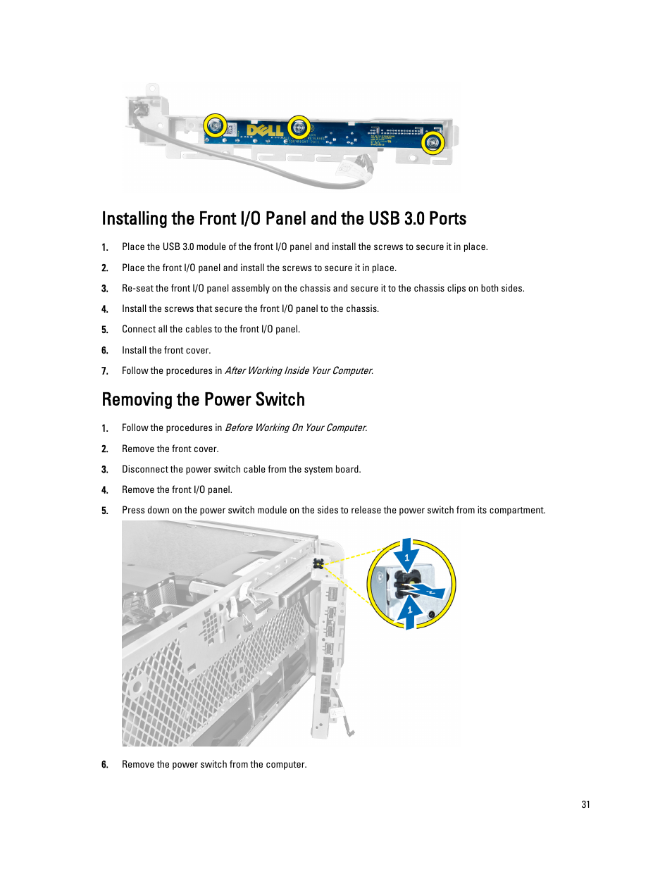 Removing the power switch | Dell Precision T7600 (Mid 2012) User Manual | Page 31 / 73