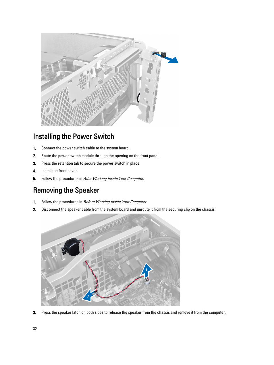 Installing the power switch, Removing the speaker | Dell Precision T7600 (Mid 2012) User Manual | Page 32 / 73