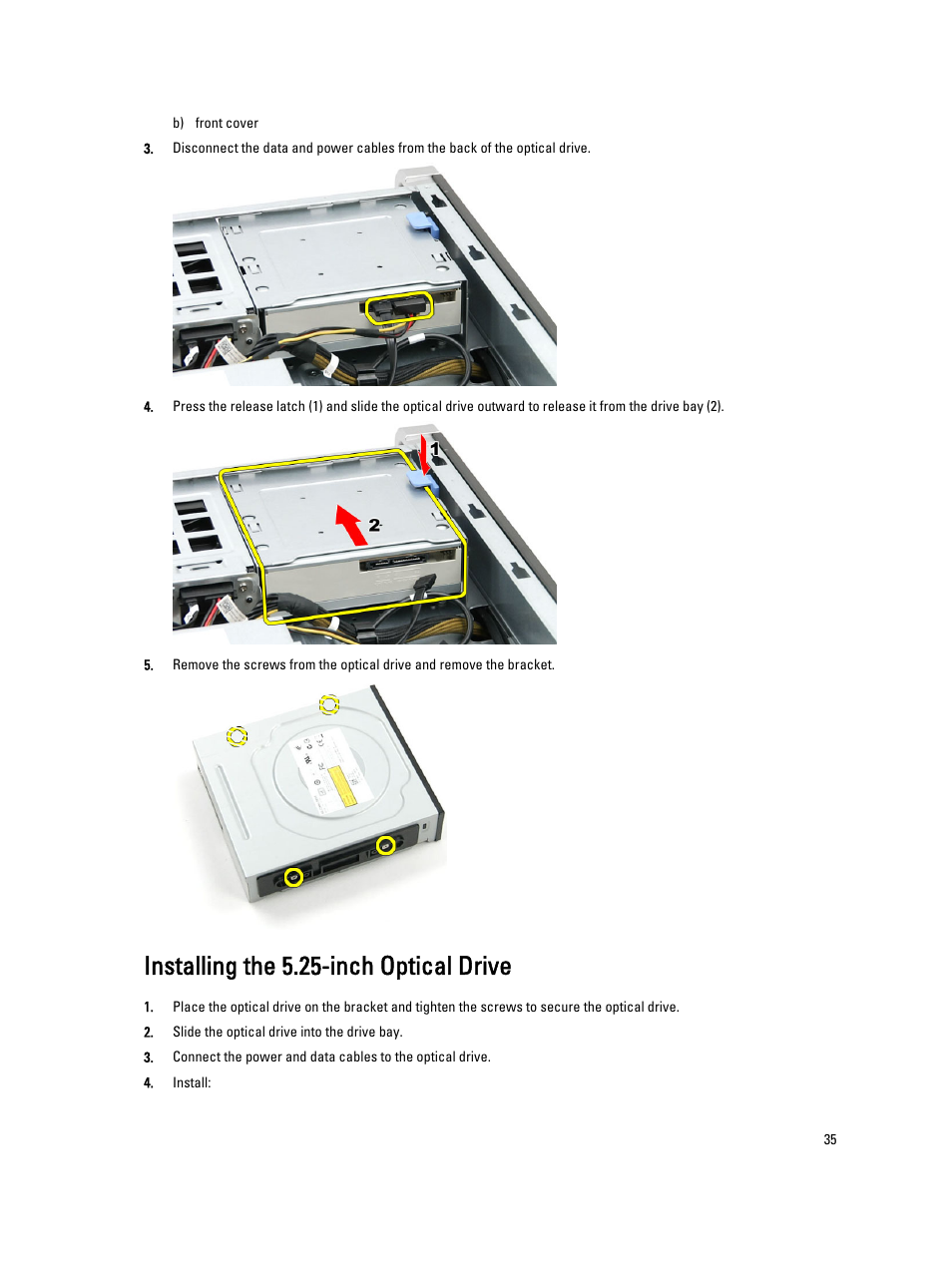 Installing the 5.25-inch optical drive | Dell Precision T7600 (Mid 2012) User Manual | Page 35 / 73