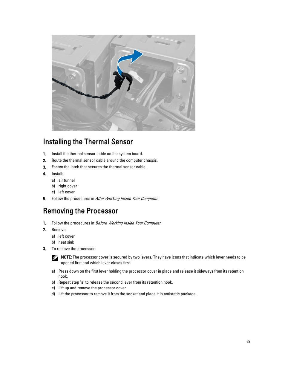 Installing the thermal sensor, Removing the processor | Dell Precision T7600 (Mid 2012) User Manual | Page 37 / 73