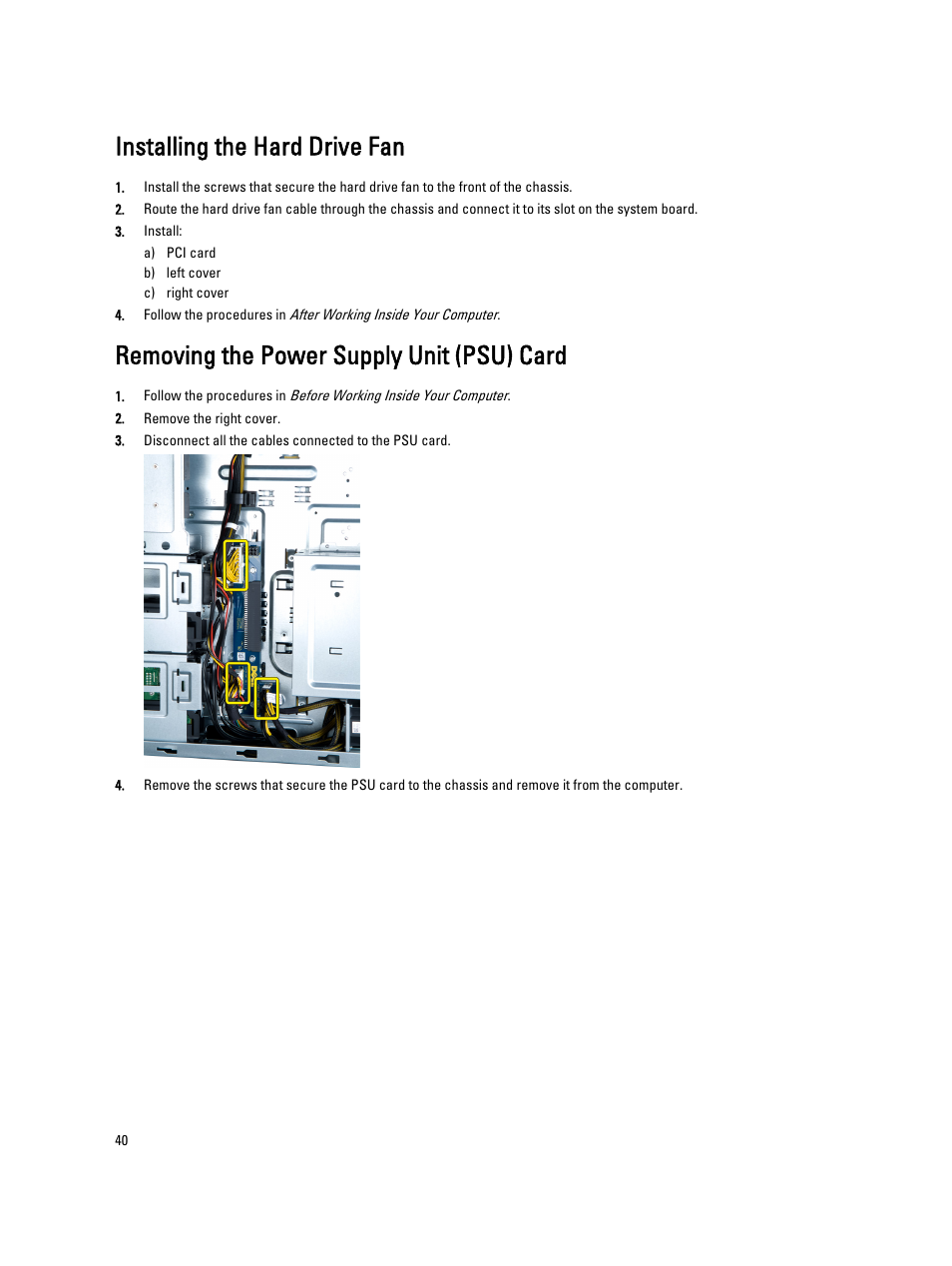 Installing the hard drive fan, Removing the power supply unit (psu) card | Dell Precision T7600 (Mid 2012) User Manual | Page 40 / 73