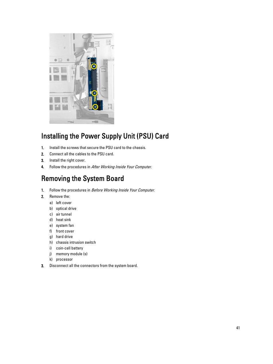 Installing the power supply unit (psu) card, Removing the system board | Dell Precision T7600 (Mid 2012) User Manual | Page 41 / 73