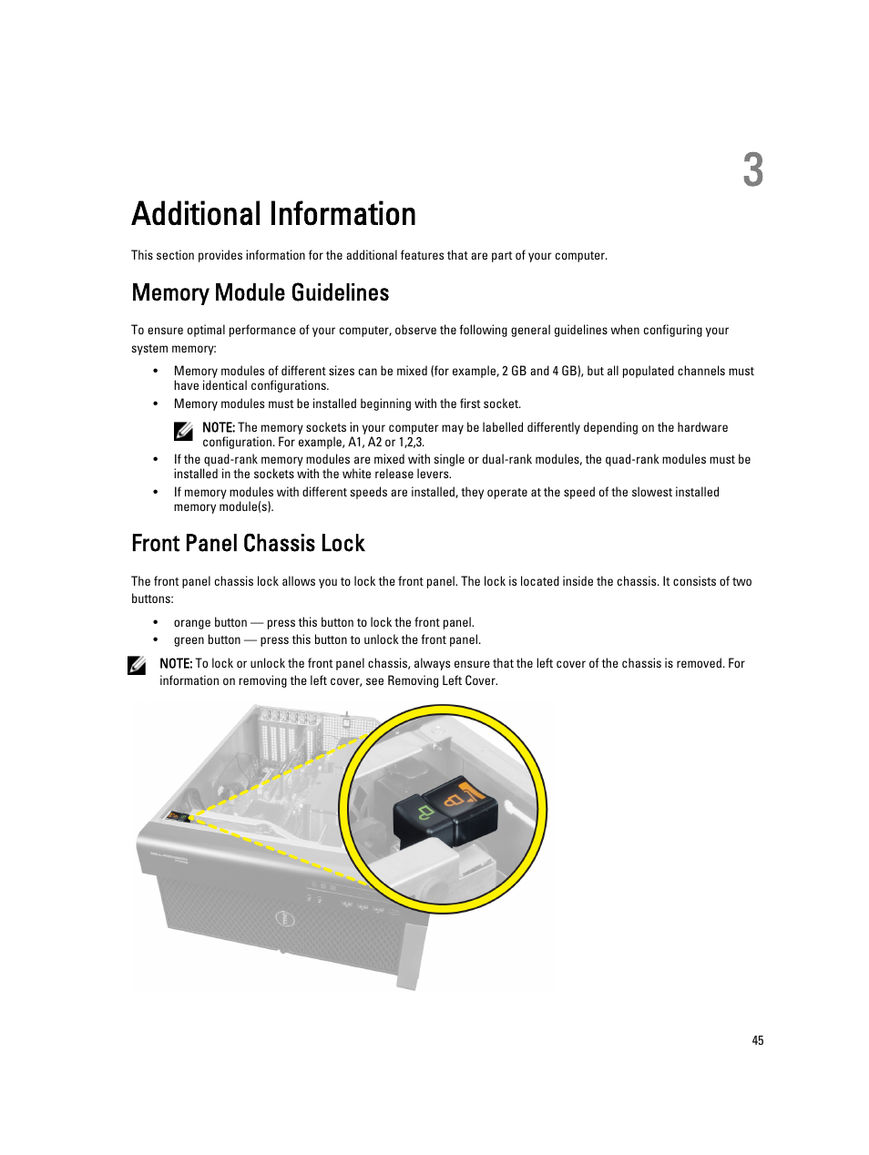 Additional information, Memory module guidelines, Front panel chassis lock | 3 additional information | Dell Precision T7600 (Mid 2012) User Manual | Page 45 / 73