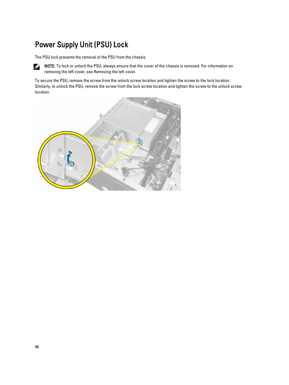 Power supply unit (psu) lock | Dell Precision T7600 (Mid 2012) User Manual | Page 46 / 73