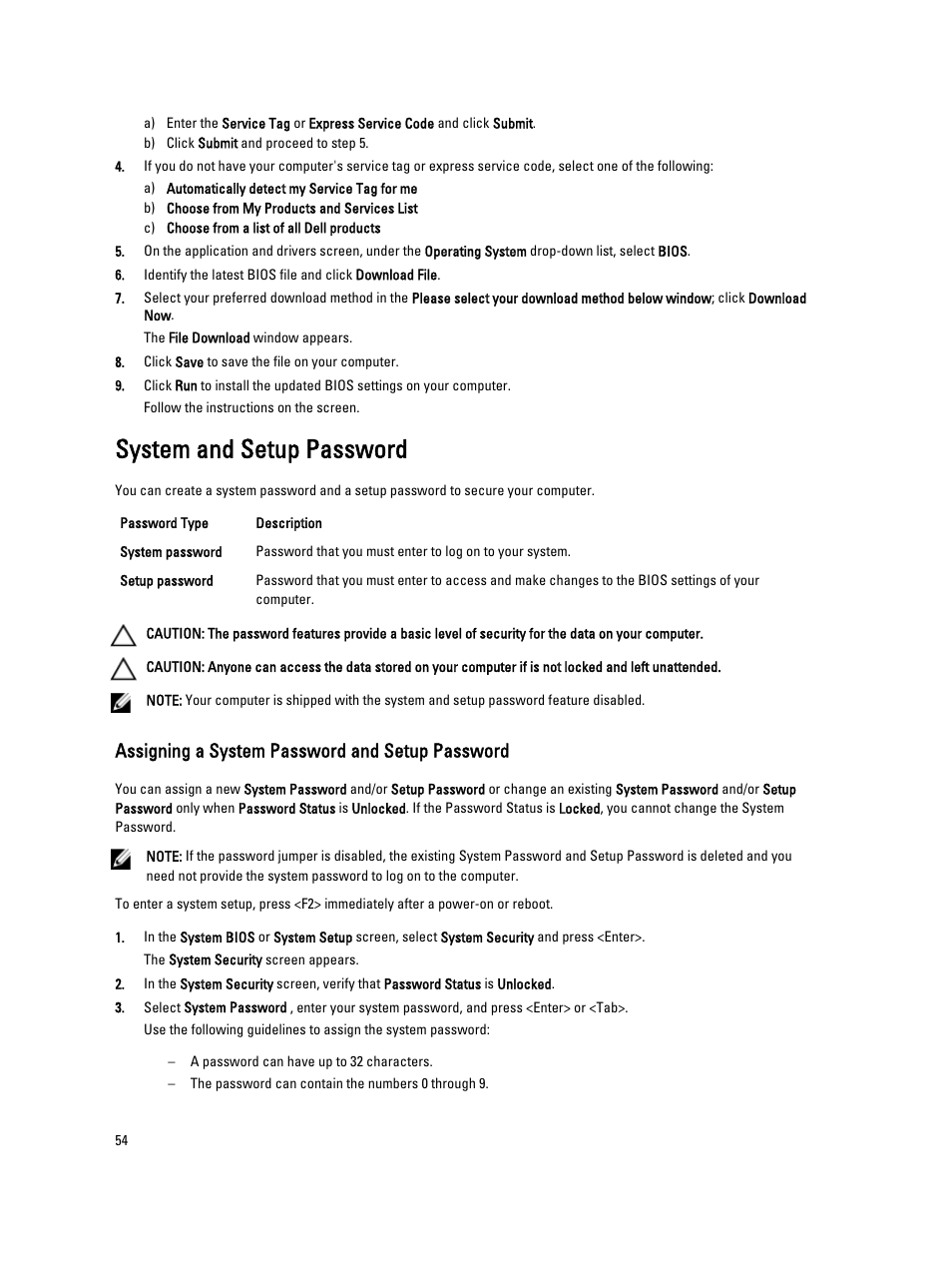 System and setup password, Assigning a system password and setup password | Dell Precision T7600 (Mid 2012) User Manual | Page 54 / 73