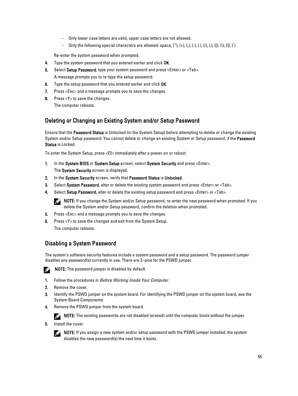 Disabling a system password | Dell Precision T7600 (Mid 2012) User Manual | Page 55 / 73