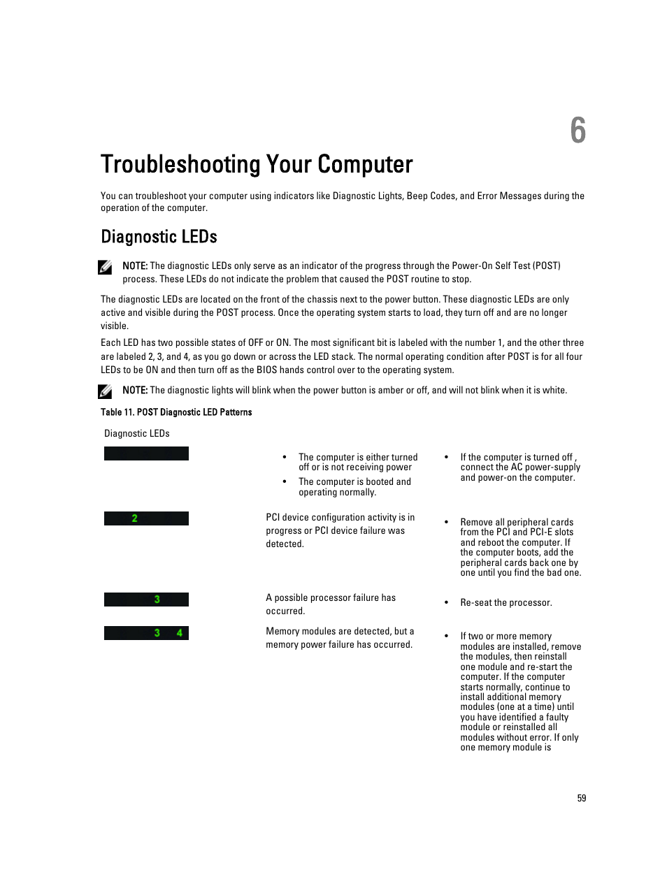 Troubleshooting your computer, Diagnostic leds, 6 troubleshooting your computer | Dell Precision T7600 (Mid 2012) User Manual | Page 59 / 73