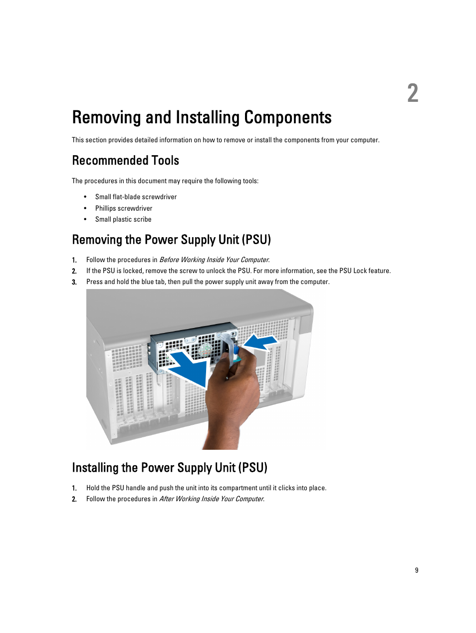 Removing and installing components, Recommended tools, Removing the power supply unit (psu) | Installing the power supply unit (psu), 2 removing and installing components | Dell Precision T7600 (Mid 2012) User Manual | Page 9 / 73