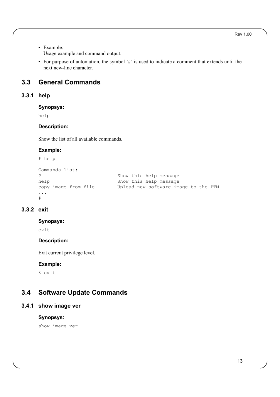 3 general commands, 1 help, 2 exit | 4 software update commands, 1 show image ver, General commands 3.3.1 help 3.3.2 exit, Software update commands 3.4.1 show image ver | Dell POWEREDGE M1000E User Manual | Page 13 / 20